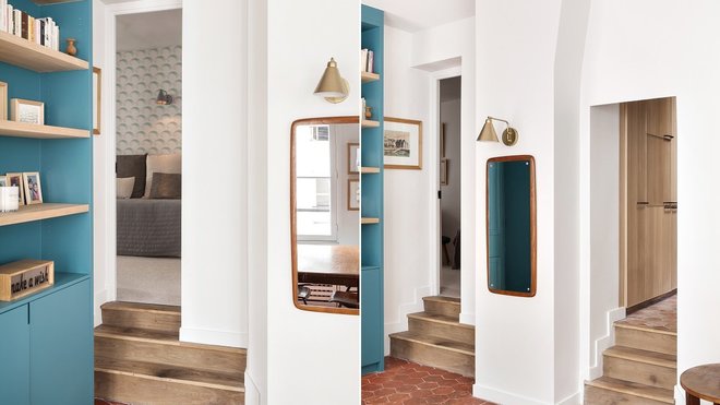 Une simple différence de niveau sépare le séjour (salle à manger et grand salon) du salon TV (chambre d’ami) et de la cuisine, auxquels on accède par quelques marches.