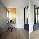 Un bureau a été aménagé derrière des portes de style industriel façon atelier pour permettre à la lumière naturelle de se propager plus aisément dans l’espace.