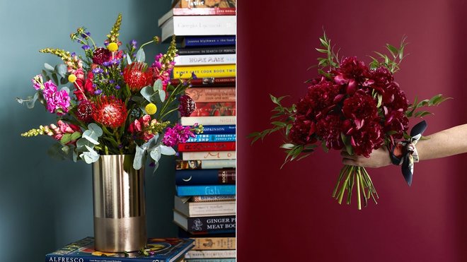 A gauche, le Lana, un bouquet tropical, débordant de craspedia jaune vif et de leucospermum rouge, inspiré par les couleurs des fêtes de l’Amérique du Sud tropicale, 33 €,  le bouquet. Et à droite, Bouquet Nola « The Queen culture », une explosion de pivoines à la couleur rouge symbolisant la culture chinoise, l’honneur, le respect et la prospérité. 48 €, le bouquet.