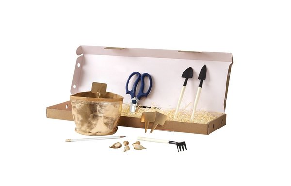 Kit de jardinage comprenant un pot pliable, des étiquettes à piquer dans la terre, des graines de camomille, des ciseaux, des mini outils de jardinage et de la terre, 34 €.
