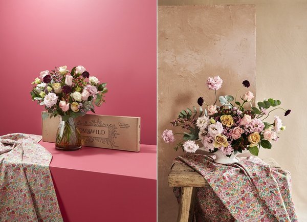 A gauche, bouquet Elysian et, à droite, bouquet Ciara qui mêlent roses colorées, lisianthus et scabieuses vaporeuses, créés en collaboration avec Liberty Print. 43 € ou 46 € et 45 €, l’un.