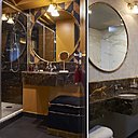 Dans les salles de bains, du marbre blanc Calacatta mêlé à l’or, du marbre brun Emperador et du marbre noir Saint-Laurent, associés à une robinetterie rétro.