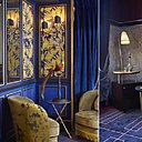 Dans le lobby comme dans les chambres, contraste de couleurs fortes avec un mélange bleu roi et or comme fil conducteur.