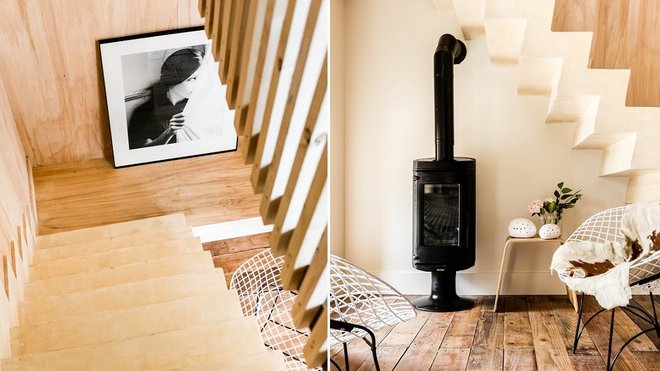 Le bois brut dessine un cocon chaleureux qui contraste avec les murs peints en blanc ou les sièges en fil de fer.