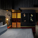 Clin d’œil de tableaux à l’ancienne au style détourné par des détails contemporains dans une chambre de l’Hôtel Snob.