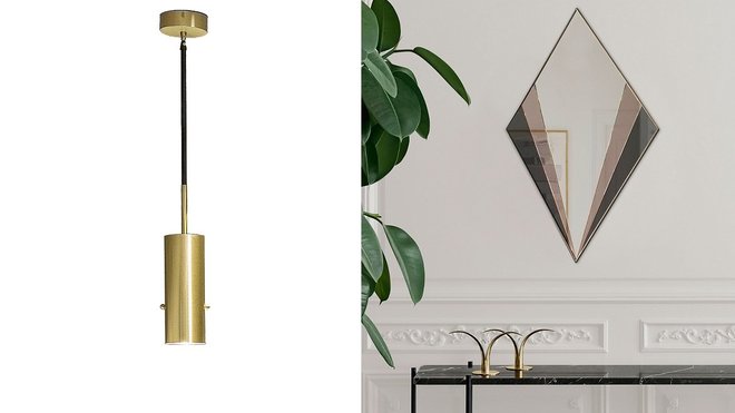 Suspension en laiton doré IP 44, salle de bains, la détrempée, et miroir tricolore débridé, créations Daphné Desjeux et Dorothée Delaye.