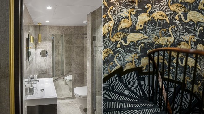 Salle de bains en marbre soulignée de bois noir et de laiton et cage d’escalier au papier-peint et la moquette qui joue les contrastes détonants dans l’Hôtel Snob.