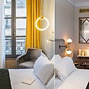 En détails raffinés, à droite, effet de cannage sous la fenêtre dans la chambre Smart décorée avec des tonalités de safran et de gris. A gauche, et en hauteur, grilles d’aération décoratives sur mesure en laiton sur le mur de séparation entre la chambre et la salle de bains dans l’Hôtel Handsome.