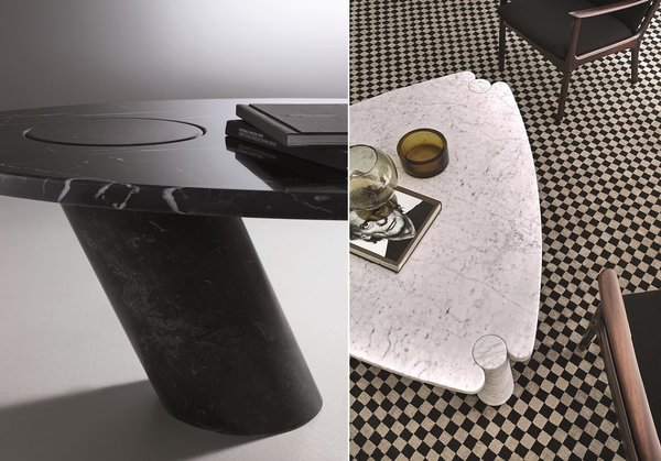 A gauche, table Eccentrico et à droite, table Eros reposant toutes les deux sur le principe du joint gravitationnel, une véritable innovation structurelle, repoussant le design jusqu’à ses limites théoriques jamais franchies. Disponible en 5 qualités de marbre. Créations Angelo Mangiarotti, 1979 et 1971, éditées par Agapecasa.