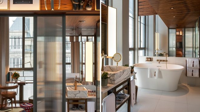 La salle de bains haut de gamme contribue au luxe chaleureux et décontracté de la chambre.