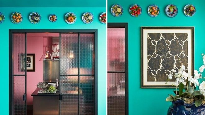 Au-dessus de la porte en verre armé qui sépare la salle à manger de la cuisine une collection d’assiettes en porcelaine avec trompe l’œil de fruits en relief réalisés par l’artiste Christine Viennet.