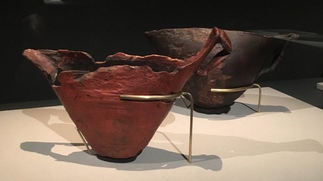 Aiguières laquées en bois de cerisier période Jômon récent, qui devaient contenir des alcools de fruits. On a retrouvé 16 sortes de graines à l'intérieur.