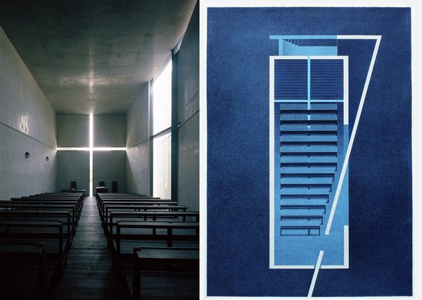 Intérieur de l’Eglise de la Lumière (1989) avec un dessin qui montre la trajectoire de la lumière. Fil conducteur de l’architecture de Tadao Ando, la lumière doit se glisser dans tous les lieux construits à divers endroits. Dans ce projet inspiré des églises romanes, l’architecte a travaillé pour que la lumière soit ressentie de différentes façons en fonction des visiteurs.