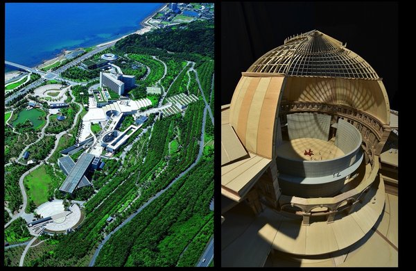 A gauche, Awaji-Yumebutai (1999) qui remodèle avec rigueur le paysage et les territoires à grande échelle. A droite, maquette de la Bourse du Commerce de Paris (2016), un projet en cours de réalisation qui dialogue avec l’histoire.
