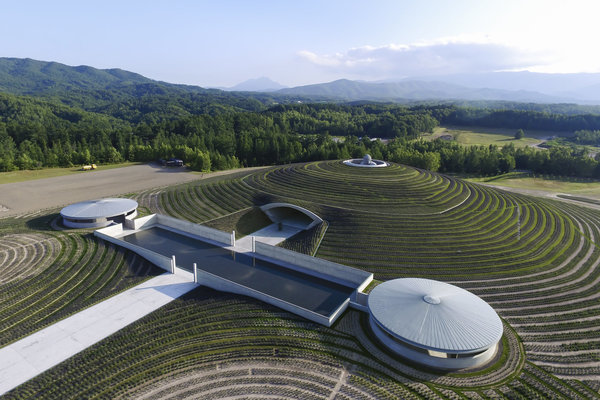 Colline du Bouddha (2015), un temple souterrain situé au Nord du Japon. Seule la tête de l’immense statue dépasse du sol.