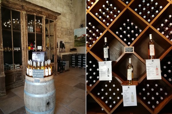 A gauche, la superbe boutique du Domaine du Mas de Rey et à droite un aperçu des vins du Domaine