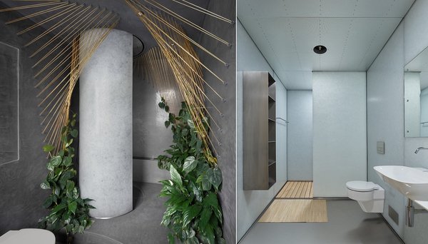 A gauche, paroi de douche en Magna GlasKeramik® cintré (15 mm d’épaisseur) coloris Ice Nugget, un verre blanc à très faible teneur en fer. Création de l’architecte et designer Bilska de Beaupuy, Londres. A droite, pare douche en Magna GlasKeramik ®, coloris Polar White patiné. Création de l’architecte Sobek Group.