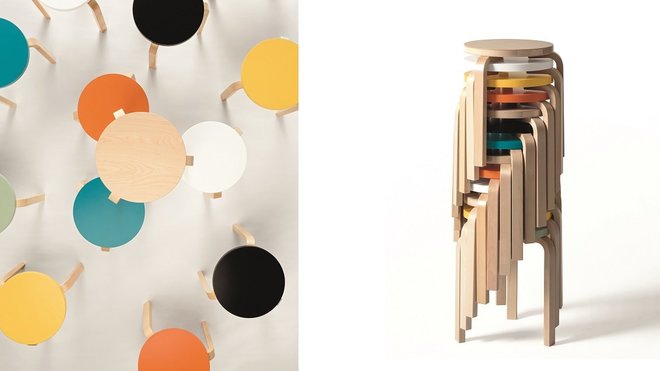 Empilement esthétique par plusieurs dizaines en colonne pour le tabouret 60 à ne pas confondre avec le E 60 à 4 pieds, ni le 54 de 1937, ni le X 600 à pieds en éventail et autres modèles de tabouret dessiné par Alvar Aalto. Il a été imaginé pour la salle de conférence de la bibliothèque municipale de Viipuri en Finlande et celle de Vyborg en Russie. Pieds et assise en contreplaqué cintré et plaqué de bouleau verni. Création Alvar Aalto en 1937 pour Artek.