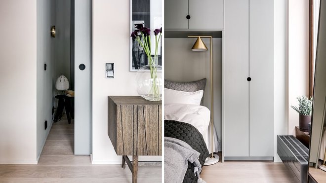 Les aménagements astucieux sont au service d’une atmosphère discrète et harmonieuse : rangements, portes coulissantes sont conçus de manière à se faire oublier.