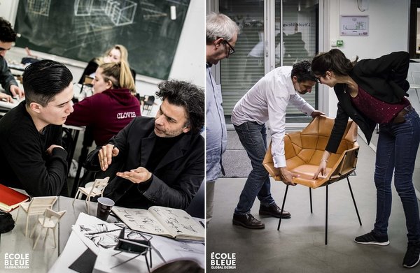 A gauche, cours de design produit avec le designer Fabrice Berrux. A droite, découverte d’un prototype dans la formation en design global de fin d’études.