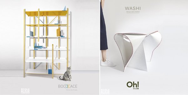 A gauche, bibliothèque en kit Book Kace qui se monte facilement sans outils. Des serres livres coulissants permettant de varier les options de rangement. En chêne et feuilles d’acier peintes avec contreventement participant à son esthétique globale. Création Marie de Prado, « Le Off » pour la Design Week 2018. A droite, tabouret sculptural Washi en Varian Dual, un tissu rigide à base de lin, entre texture et structure, entièrement bio-sourcé. Création Selin Büktel, « Le Off » pour la Design Week 2018.