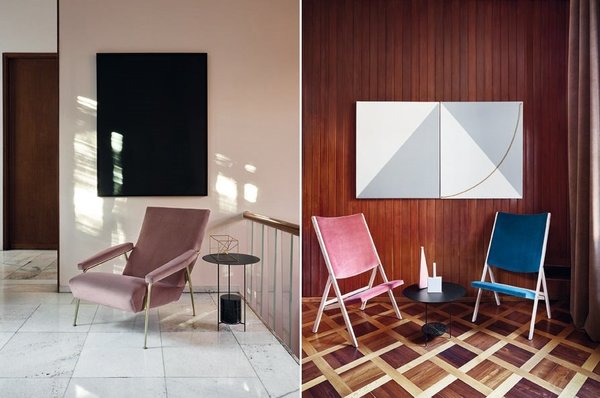 Deux fauteuils majeurs de Gio Ponti revisités avec un revêtement en velours très tendance et des couleurs dans l’air du temps. A gauche, fauteuil conçu à la base pour la villa Planchart (1953-1957) à Caracas, un des projets les plus chers à Gio Ponti. A droite, fauteuils pliants Apta présentés pour la première fois en 1970 à l’Eurodomus 3 de Milan.