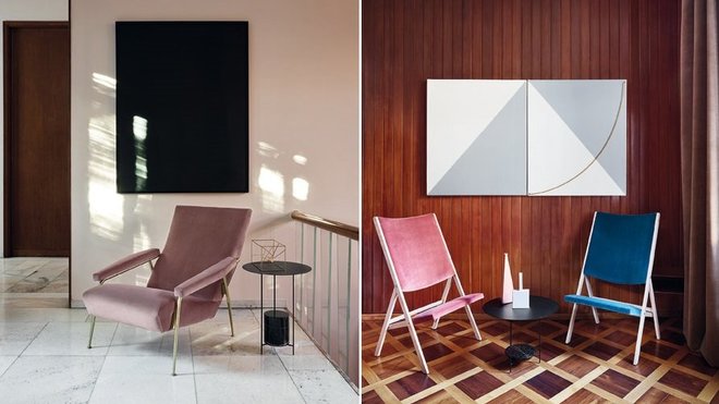 Deux fauteuils majeurs de Gio Ponti revisités avec un revêtement en velours très tendance et des couleurs dans l’air du temps. A gauche, fauteuil conçu à la base pour la villa Planchart (1953-1957) à Caracas, un des projets les plus chers à Gio Ponti. A droite, fauteuils pliants Apta présentés pour la première fois en 1970 à l’Eurodomus 3 de Milan.