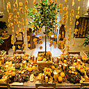 En souvenir des origines florentines de Catherine de Médicis, Jean-François Boucher a réalisé une scénographie faite d’oranges et de fleurs orangées.