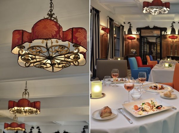 A gauche, un détail de la décoration de Christian Lacroix. A droite, une autre vue du restaurant Lou Marqués.