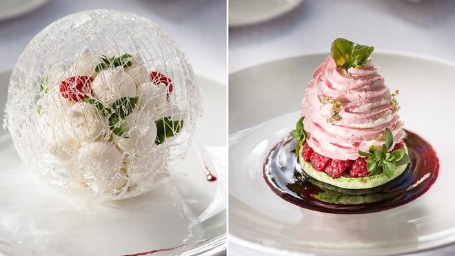 Les desserts : à gauche, meringue et framboise. Et à droite, pistache et framboise