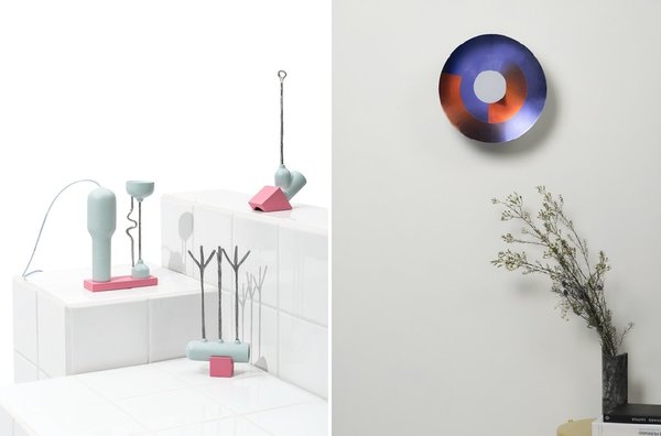 A gauche, Domestification, projet d’atelier de Morgan Aby en partenariat avec Alessi. Un mixeur à main, un batteur à œufs et un émulseur à lait se partagent le même moteur.  A droite, Gradient, projet d’atelier de Marlon Baignou en partenariat avec Alessi. Tirant parti des propriétés de l’acier poli-miroir, cet objet est issu d’une série de miroirs animés par des jeux de reflets et d’anamorphose.