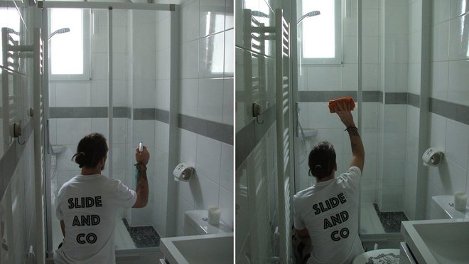 Etapes 1 et 2 :  Nettoyer l’ensemble de la surface vitrée des deux portes avec un produit pulvérisateur pour vitre. Puis passer un chiffon doux en coton non pelucheux, afin de bien essuyer les deux vitres de porte de la cabine de douche.