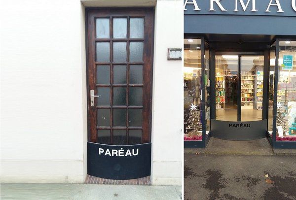 Panneau de protection « Paréau » en protection sur une entrée d’habitation rurale et en place sur une entrée de commerce.