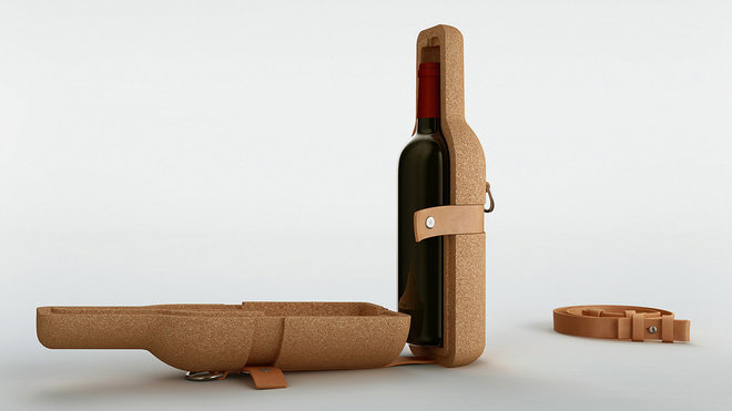 Porte-bouteille Bwine et boîte écrin isotherme en composite de copeaux de liège reconstitués et produits par la société portugaise Amorim Cork, située à Porto. Elle permet de transporter à vélo et de conserver, à la température optimale, une bouteille de vin. Sous une température de 30°, elle ne perdra qu’un seul degré en 1 heure de temps. Le harnais en cuir permet de la porter comme un sac à main ou en bandoulière. Editée par la société bordelaise Cop Bwine. Création Vincent Poujardieu.