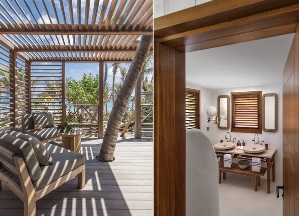 A gauche, les terrasses font parties des cottages, conçus comme des cabanes, dont elles sont le prolongement. A droite, sobre et élégante, la salle de bains est réalisée en bois local et apporte tout le confort d’un hôtel de luxe.