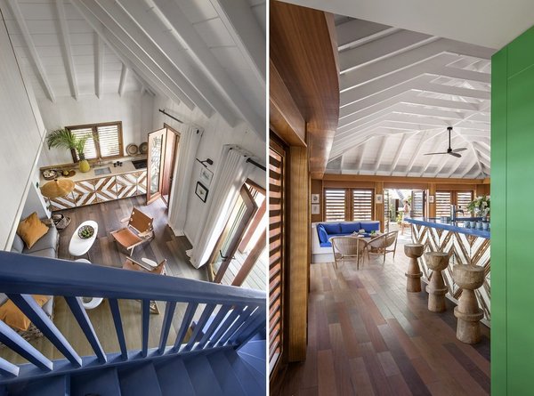 A gauche, sur deux niveaux, on retrouve le même principe avec un agencement plus spacieux du bois et des couleurs franches. A droite, dans le bar et le lobby, le parquet en bois exotique contraste avec la belle charpente peinte en blanc dont la structure est apparente.