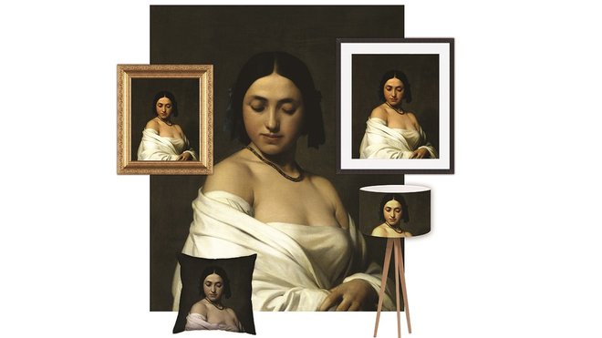 Autre exemple de déclinaison de produits destinés au grand public, autour de l’œuvre peinte, Jeune fille florentine, de Hippolyte Flandrin, Nantes Musée des Beaux-Arts,1840.