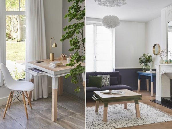 La table carrée, en version haute ou basse, est équipée d’un tiroir, collection Egée.