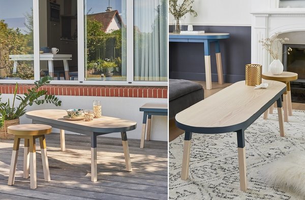 Le banc ou table basse ovale sort aussi sur la terrasse, collection Egée.