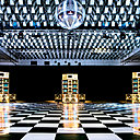 Un sol en damier noir et blanc très graphique pour le Despacio Sound System, au New Century Hall, Manchester International Festival en juillet 2018. Un sol en damier noir et blanc très graphique pour le Despacio Sound System, au New Century Hall, Manchester International Festival en juillet 2018.