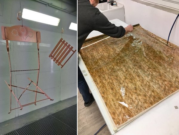 A gauche, la chaise se voit recouverte de peinture cuivrée et à droite, la phase d’application du motif déco bois pour la table.