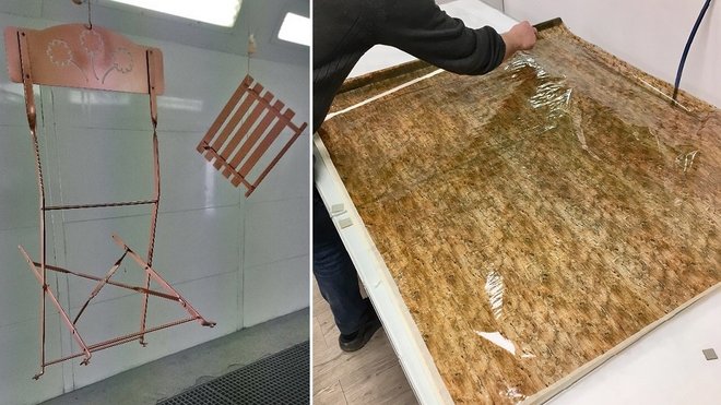 A gauche, la chaise se voit recouverte de peinture cuivrée et à droite, la phase d’application du motif déco bois pour la table.