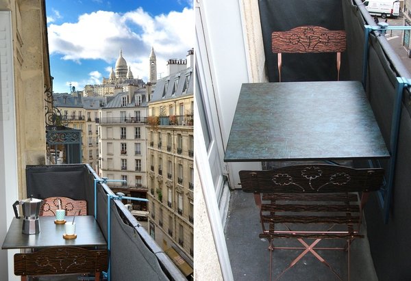 Effet cuivré ou effet laiton pour donner chic et noblesse à une chaise et une table de balcon à l’origine toute simples.