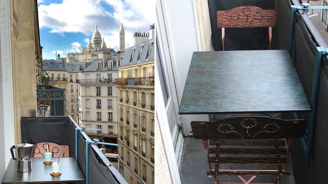 Effet cuivré ou effet laiton pour donner chic et noblesse à une chaise et une table de balcon à l’origine toute simples.