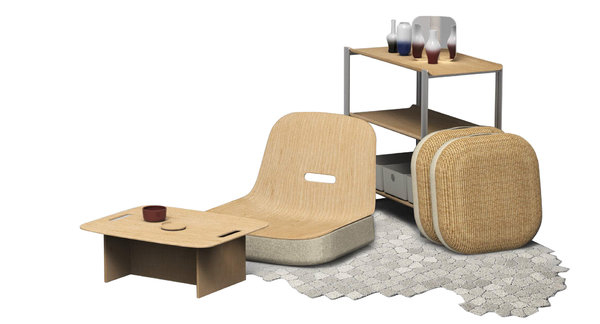 Modèles « Ellipse Table » et « Ellipse Chair » en chêne, coussin Perch en tissu éponge et fibres végétales tressées et étagère Cascade en aluminium et bambou. Sur l’étagère miroir « Fold Mirror » et vases « Visage » déclinés en trois couleurs et formes. Tapis, modèle « Geometric Corner » en fibres acryliques décliné en 2 couleurs et 3 tailles. Création Michael Young studio pour Zens en 2019.