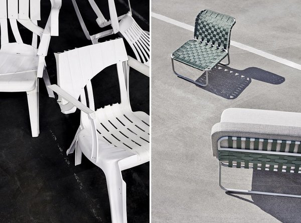 A gauche, regard et questionnement sur la propriété intellectuelle des concepts démocratiques, ici, la chaise en plastique. Département Homme et loisirs, projet de fin d’études de Pierre Castignola, Graduation 2018. A droite, projet de canapé confortable et gain de place qui se transforme en chaises d’extérieur par simple glissement des accoudoirs. Département Homme et activité, projet de fin d’études Frea Zwaag, Graduation 2018.