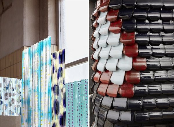 A gauche, projet Illusions sous-marines, panneaux de verre grossissant et déformés qui créent l’illusion optique d’un monde sous-marin. Département Homme et identité, projet de fin d’études de Kim Zoutewelle, Graduation 2018. A droite, projet de tuiles dont la forme incurvée permet un écoulement naturel de l’air au-dessous avec une surface vitrée qui dirige efficacement la pluie. L’effet général évoque le plumage d’un oiseau. Département Public privé, projet de fin d’études de Freek Peters, Graduation 2018.