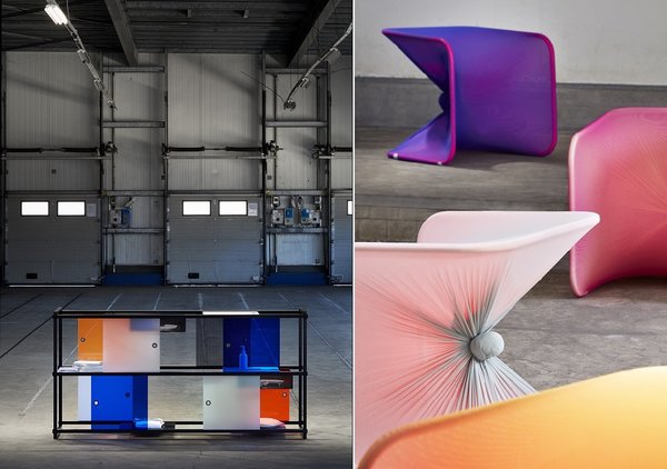 A gauche, Esprit d’aventure, une armoire polyvalente et personnalisable avec couleurs inspirées par le voyage: bleu nuit de Chine, tons hivernaux de la forêt finlandaise ou sable ocre de Sardaigne. Département Homme et Activité, projet de fin d’études de Leandra Eib. A droite, Optinum local, chaises formées à partir de textiles tendus sur des cadres métalliques et inspirées par le principe de la « tension superficielle minimale ». Département Homme et Activité, projet de fin d’études de Nando Dolleman.