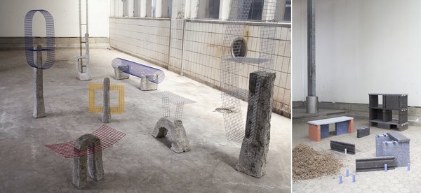 A gauche, éléments de construction et familles de meubles qui célèbrent l’invention du béton armé en rendant visible la partie métallique. Le métal a été inséré dans le béton selon un processus de coulage issu d’une longue expérimentation. Projet d’étude De Willem Van Hoof. A droite, Recycling Reject, blocs de construction fabriqués à partir de fibres recyclables issues de l’industrie du papier qui donne un matériau dur comme de la pierre. Département Public privé, projet d’étude de Timothy Teven.