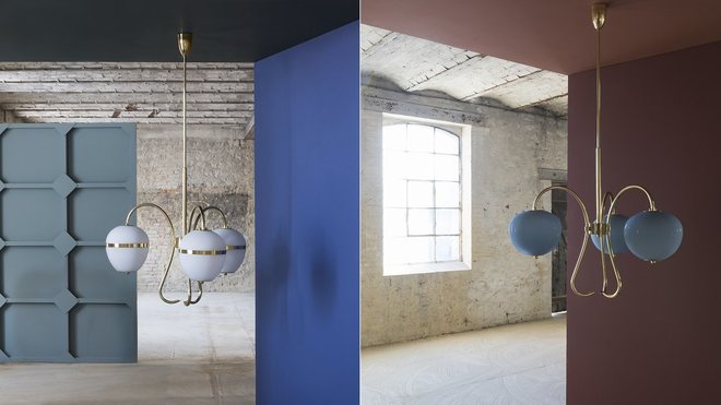 A gauche, triple lustre China 02 (H 120 x L 80,3 cm). Diffuseur en verre (H 27 x L 25 cm). A droite, triple lustre China 03, avec verre opalin coloré, ivoire, eau de rose, vert jade, jaune moutarde, gris clair ou gris opale.